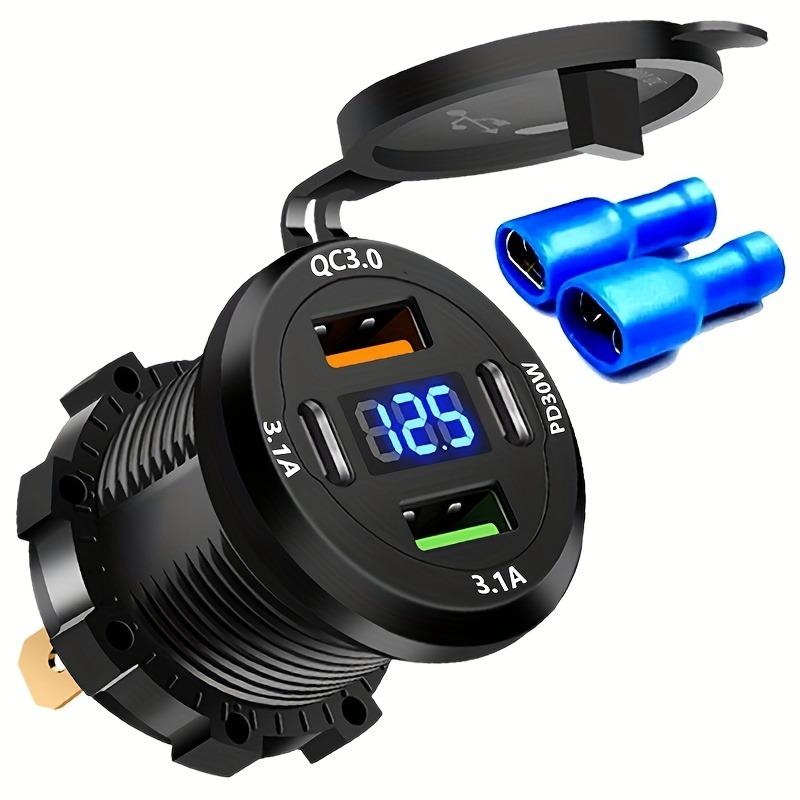 PD+QC3.0 Fast Charging USB Car Charger Socket with Voltmeter, Aluminum Alloy Waterproof Power Outlet