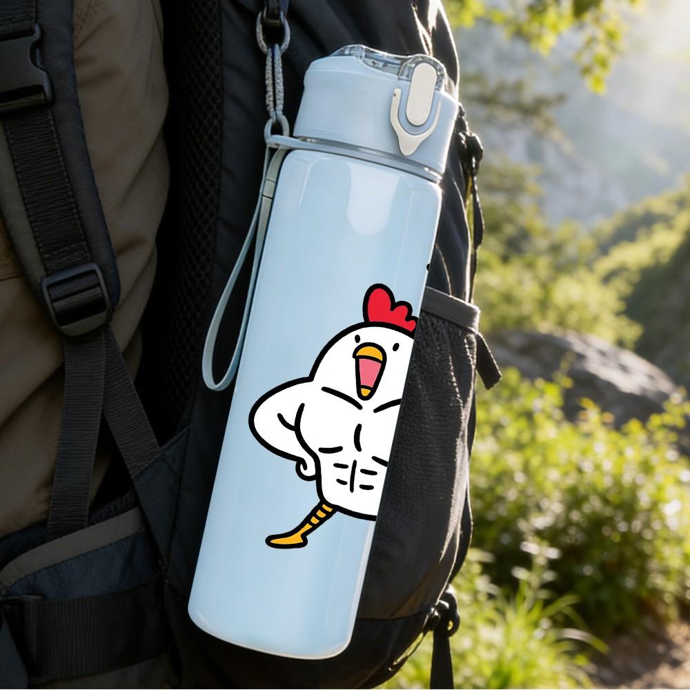 1PC Muscular Chicken Cartoon Print 750ml Color Plastic Sports Water Bottle Leakproof Flip Straw Lid Suitable for Sports Office Home Use