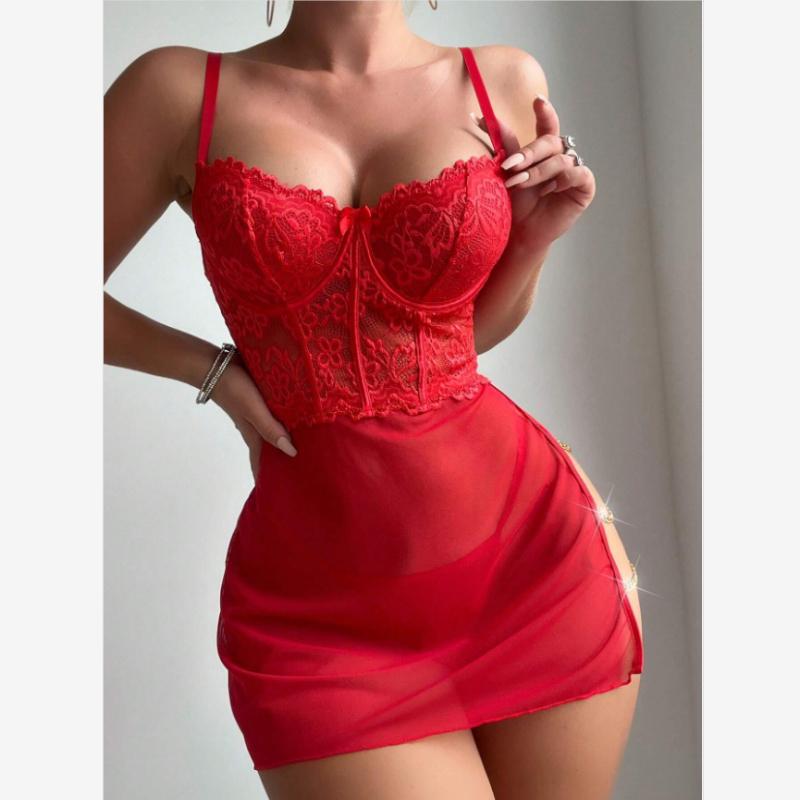 New Sexy Lace Mesh Splicing Open Fork Semi-transparent See-through Erotic Lingerie