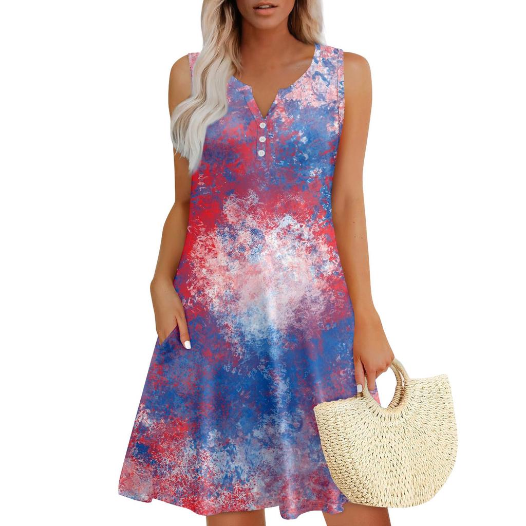 Women's Summer Casual V-Neck Floral Independence Day Button-Down Dress With Pockets