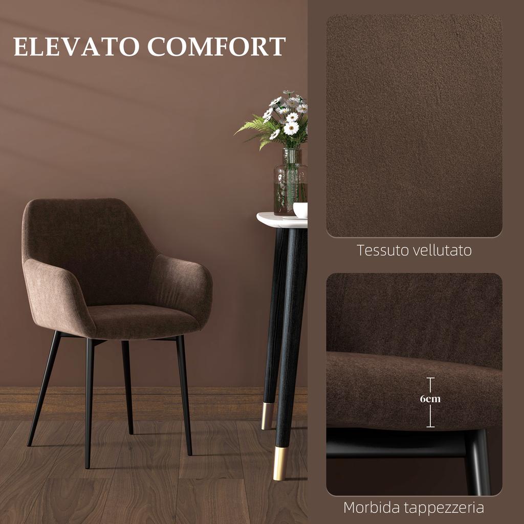Set of 2 Nordic Dining Chairs Padded with Curved Armrests in Velvet-Effect Fabric, 54x57x80 cm, Brown