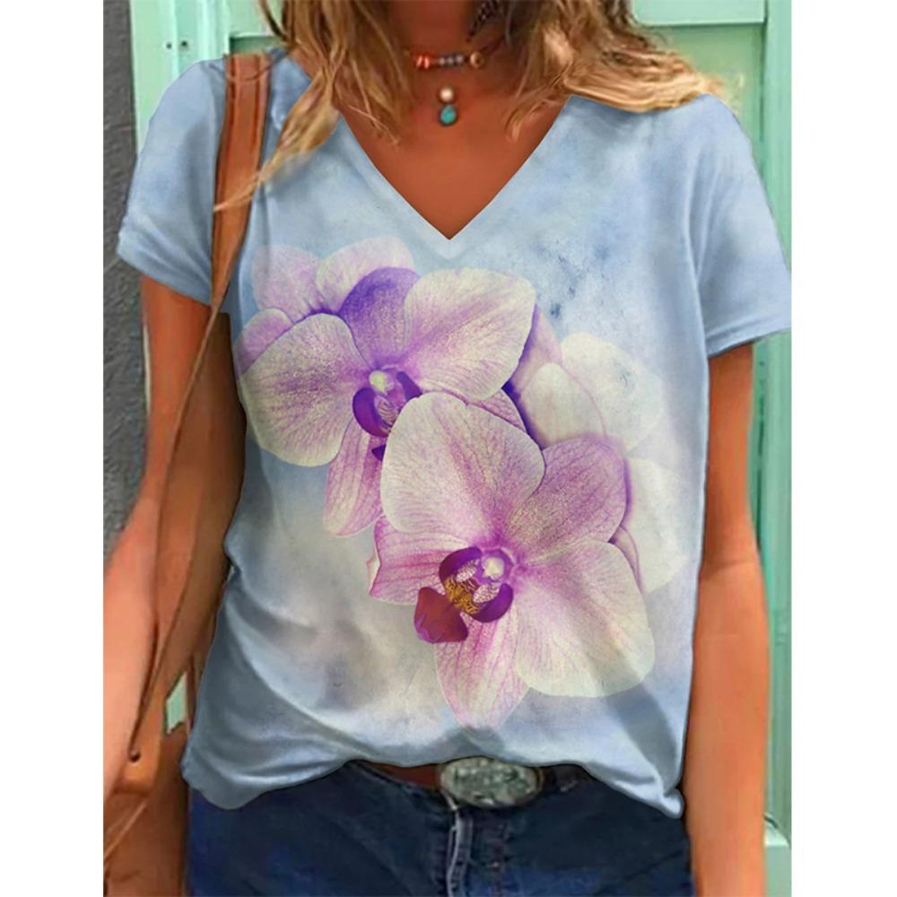 New Flower Floral 3D Print T-shirt Women V-Neck Short Sleeve Tees Y2k Tops Streetwear Harajuku Oversized T Shirts Woman Clothing