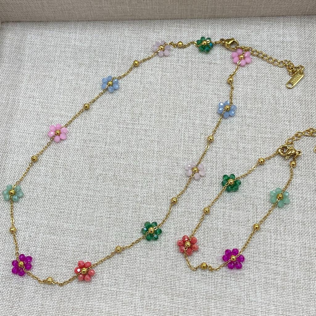 Vintage Color Flower Beaded Titanium Steel Necklace Female Dopamine Girl Small Flower Choker Collarbone Chain Bracelet Set