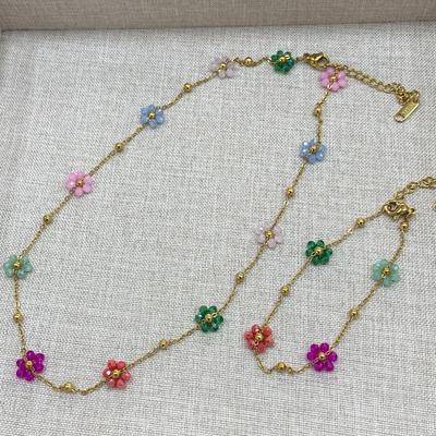 Vintage Color Flower Beaded Titanium Steel Necklace Female Dopamine Girl Small Flower Choker Collarbone Chain Bracelet Set