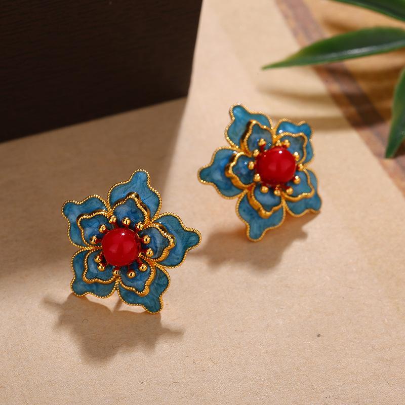 Cloisonné Peony Flower Stud Earrings, Classical Palace Enamel Craftsmanship