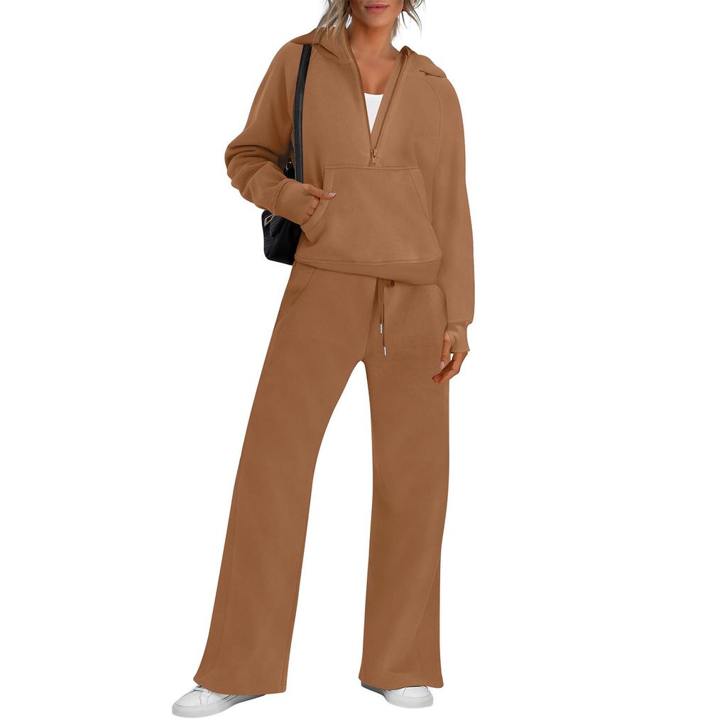 Women's Fashion Solid Color Long Sleeve Hooded Sweatshirt Top And Pants Casual Leisure Two Piece Set