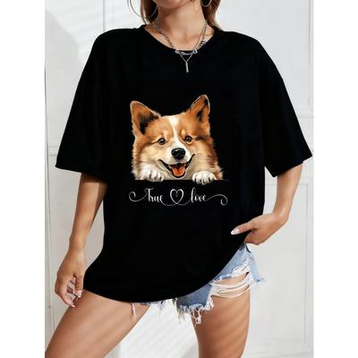 Corgi Hunde Print T-Shirt Weiß Niedliches Corgi Gesicht Und True Love Text Design Lässige Alltagskleidung Für Frauen Und Mädchen