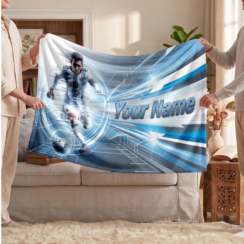 Lionel Messi Personalized Fleece Blanket With Football Logo, Custom Name Text Soft Warm Home Throw Blanket