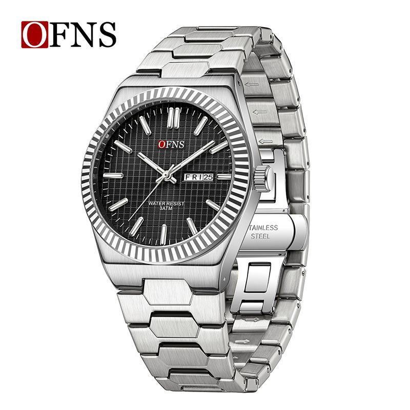 Waterproof Mens Analog Quartz Watches Steel Bracelet Dress Watch, Luminous Dual Day Date Display Wristwatches