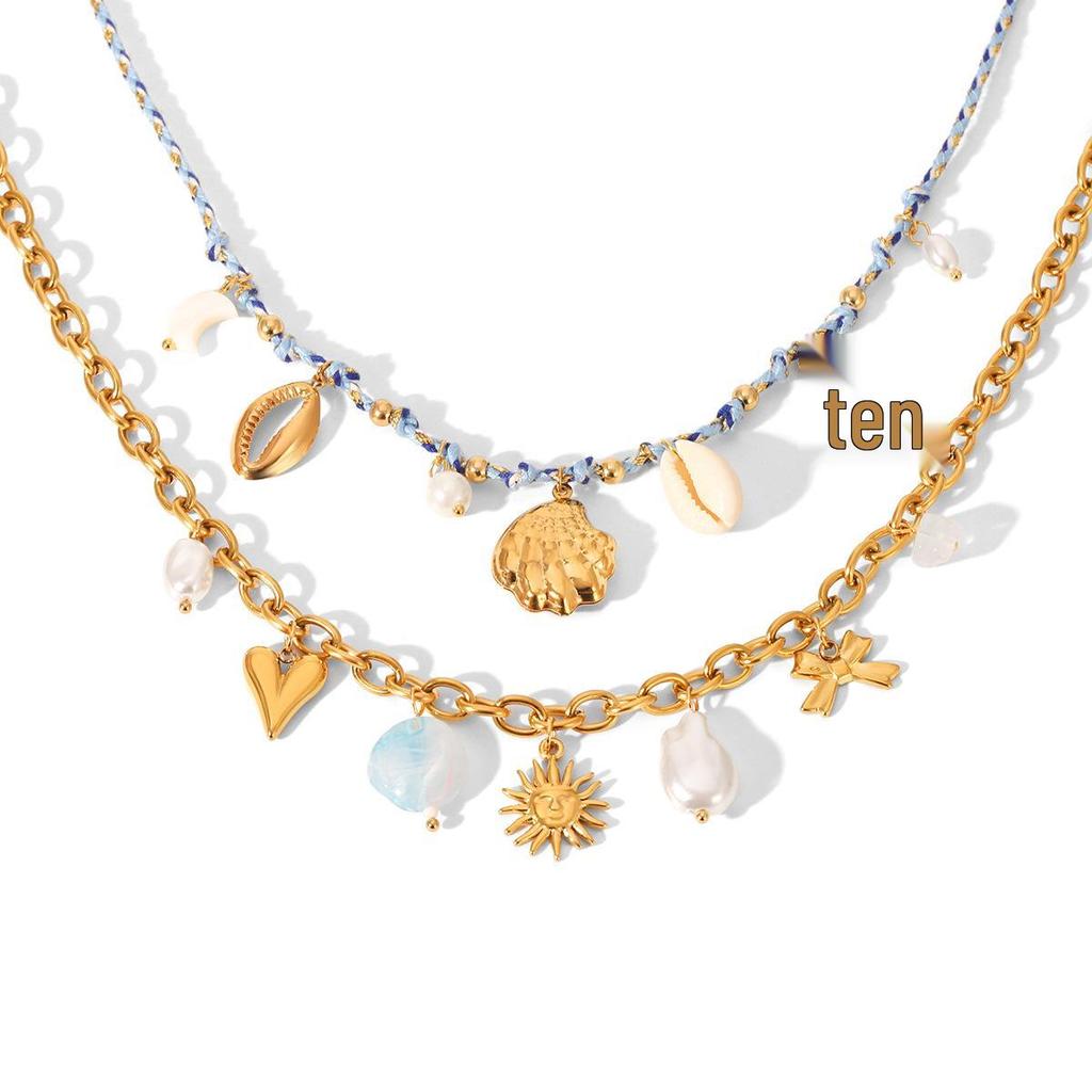 Stainless Steel Ocean Style Necklace with Seashell & Starfish Pendant for Women
