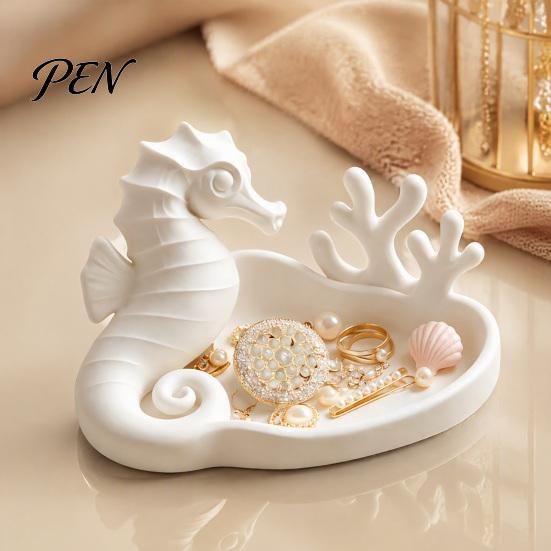 Seahorse Jewelry Dish Coral Tray, 3D Printed Ocean Themed Ring Earring Small Accessory Holder Holder, Decorative Trinket for Vanity Table Desktop