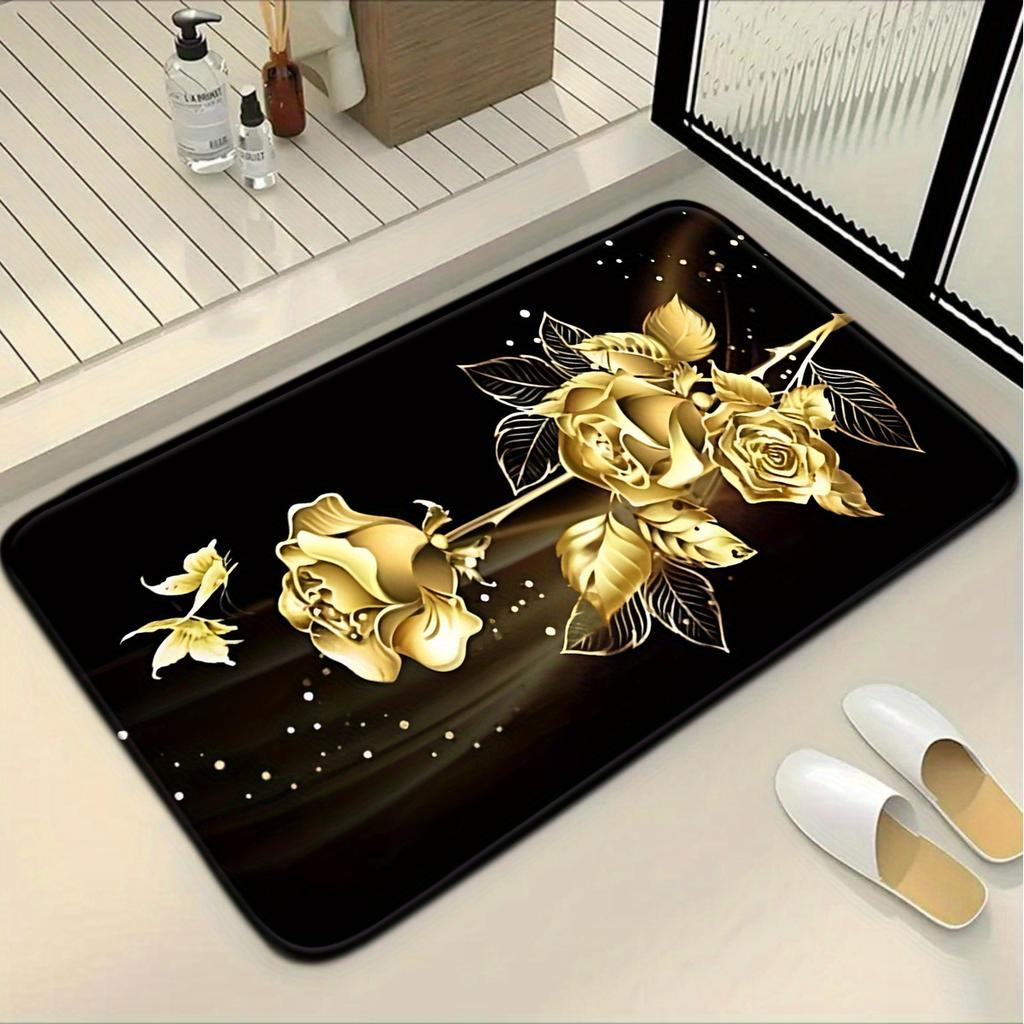 3pcs Golden Rose Butterfly Bathroom Rug Set Non-Slip U-Shaped Mat and Toilet Lid Cover Black Gold Theme Washable Floor Mats