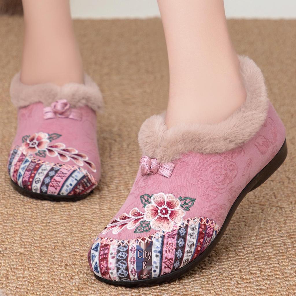 Botines Bordados Forrados de Felpa de Talla Grande para Mujer - Botas de Nieve de Algodón de Estilo Étnico