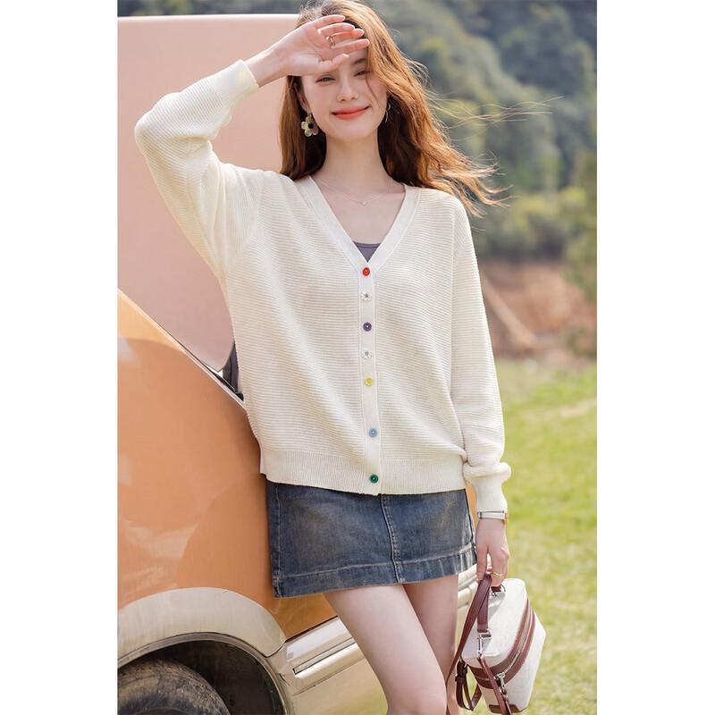 

Mokana Women s V-Neck Knit Cardigan with Colorful Buttons One Size