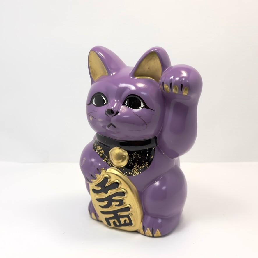 Tokoname Ware Lavender Maneki Neko Left Hand 16cm Made in Japan