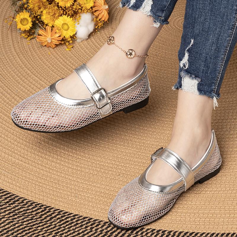 Fashion Flat Single Shoes Women Fashion Round Head Shallow Mouth Mesh Cloth Metal Buckle Soft Sole Non-slip Low-top Shoes