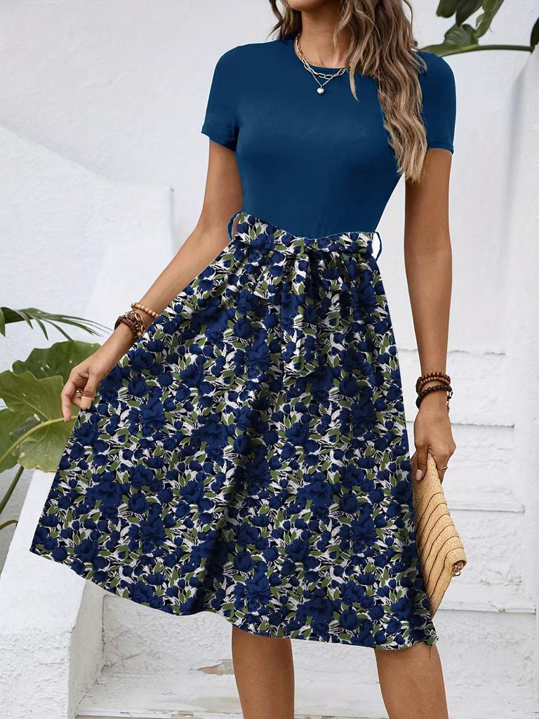 European and American Fashion Trend Temperament Round Neck Short Sleeve Waist Flower Print Medium and Long Dress
