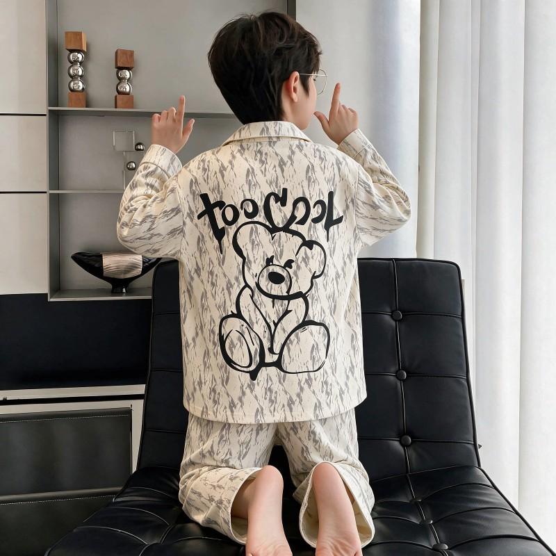 Boys Cotton Pajama Set Long Sleeve Thin Sleepwear Cartoon Print Hoodie Style Home Wear Kids 8