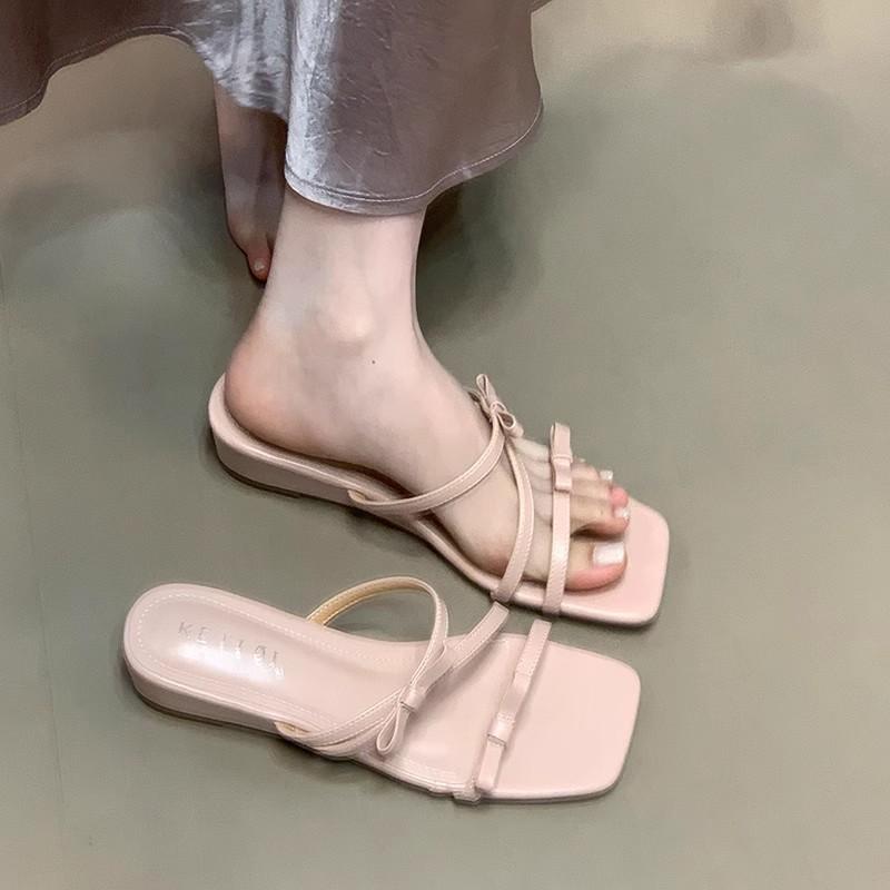 Bow square head low heel one-word drag girl wearing cool slippers in the summer of 2025 fairy style versatile pink sandals