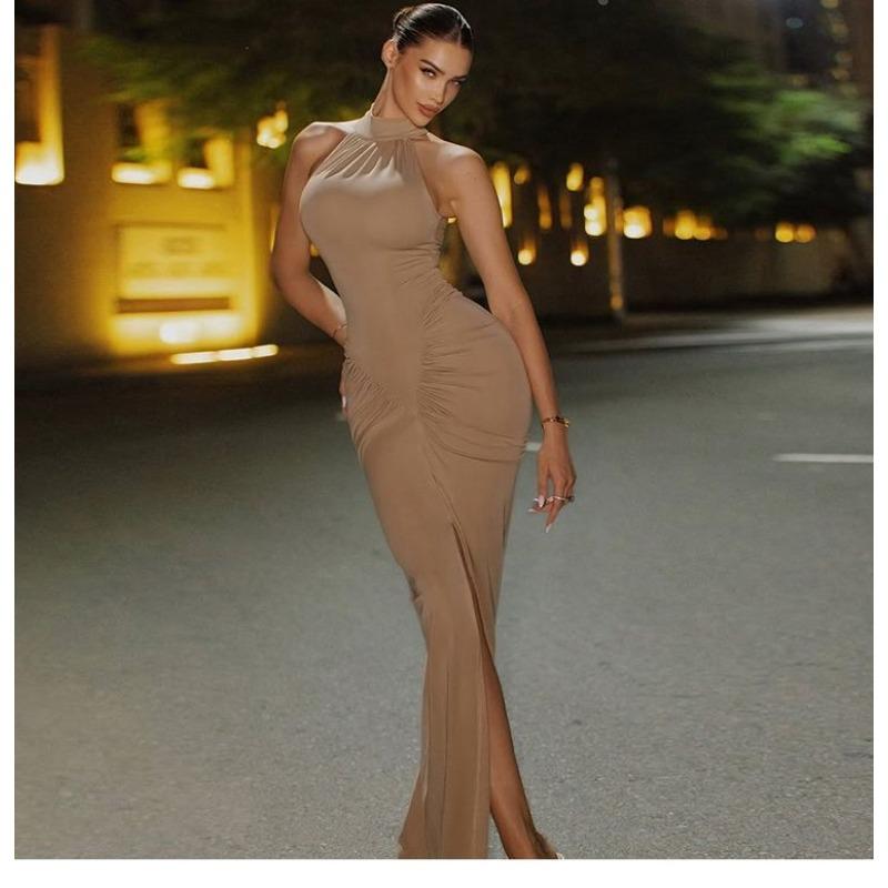 Einfarbig Plissiert Ärmellos Hoher Schlitz Schmale Taille Figurbetont Hüftbetont Langes Kleid