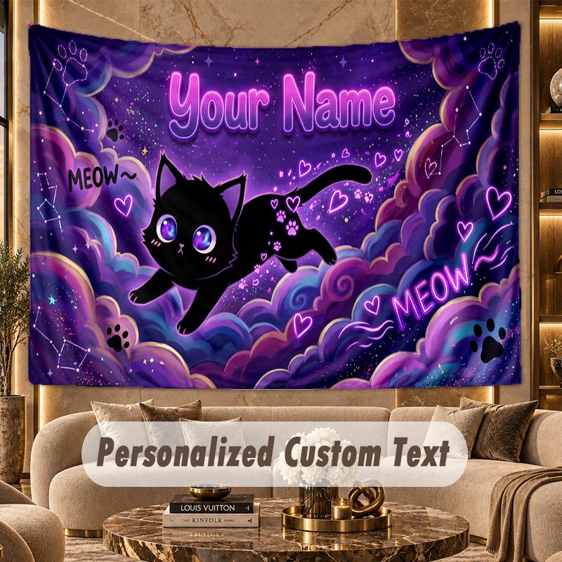 Cat (77) Theme Personalized Tapestry Custom Name Text Wall Hanging Tapestry Home Background Decoration