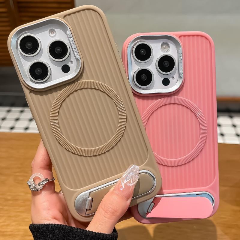 Luxury Stripe With Folding Bracket Plain Phone Case For iPhone 16 15 14 13 12 11 Pro Max Magnetic For Magsafe Wireless Charging