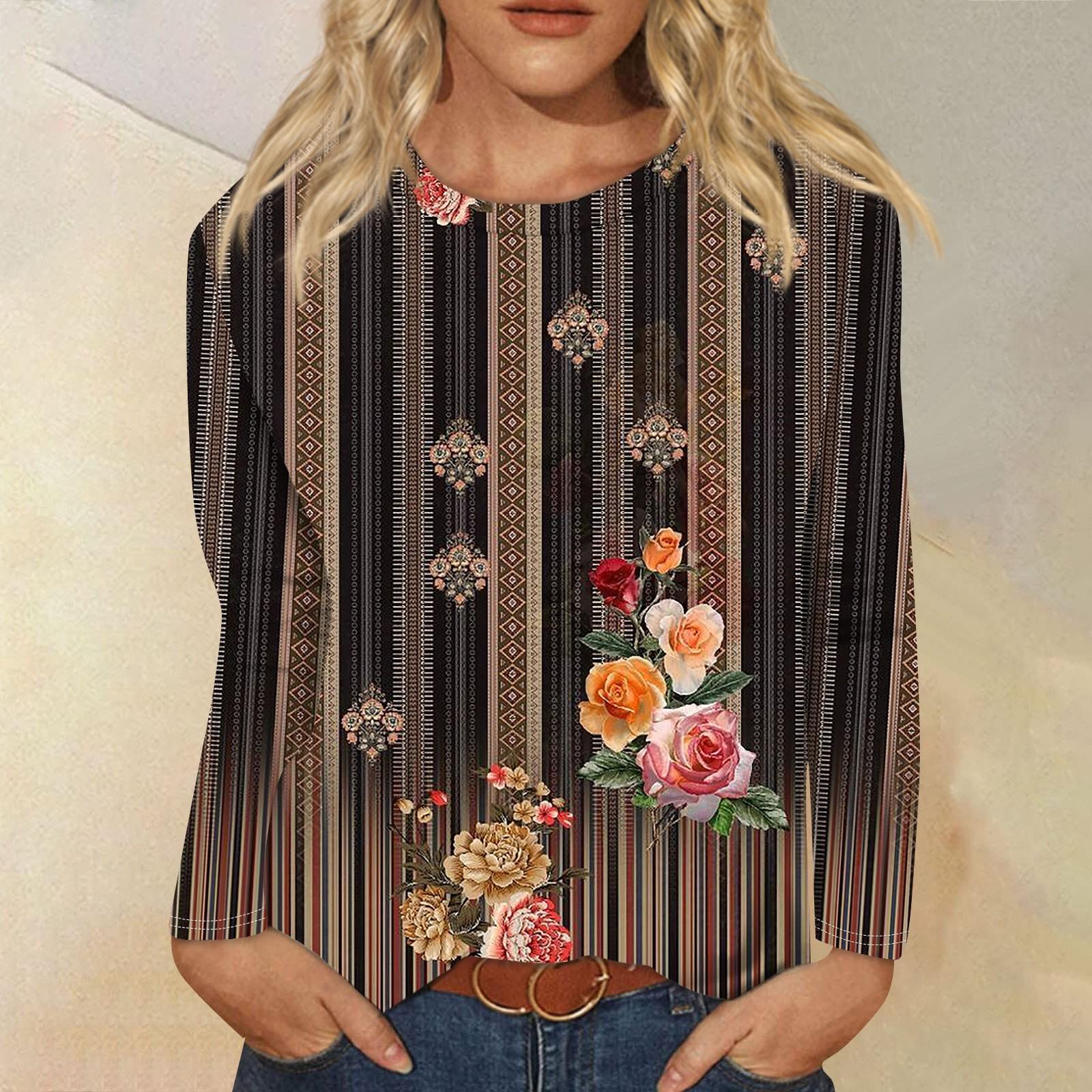 

Женская мода Повседневная ретро-принт с круглым вырезом и длинным рукавом Декоративная футболка Топ XL кофейный