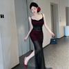 High-Waisted V-Neck Sheer Mesh Panel Long Slip Dress Women Sexy Chic Party Wear In Black Red