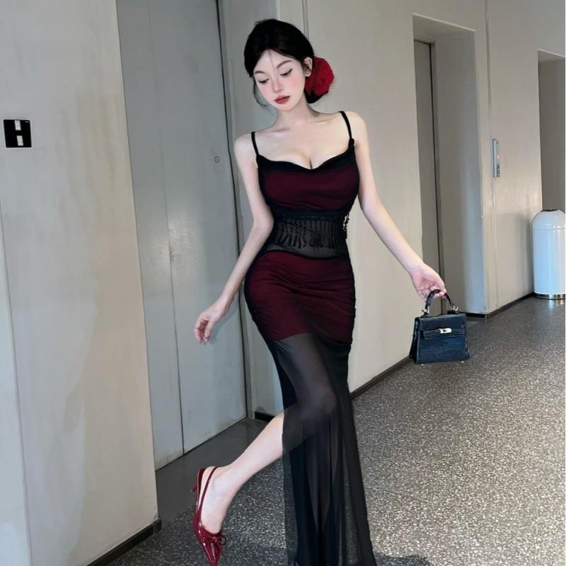 High-Waisted V-Neck Sheer Mesh Panel Long Slip Dress Women Sexy Chic Party Wear In Black Red