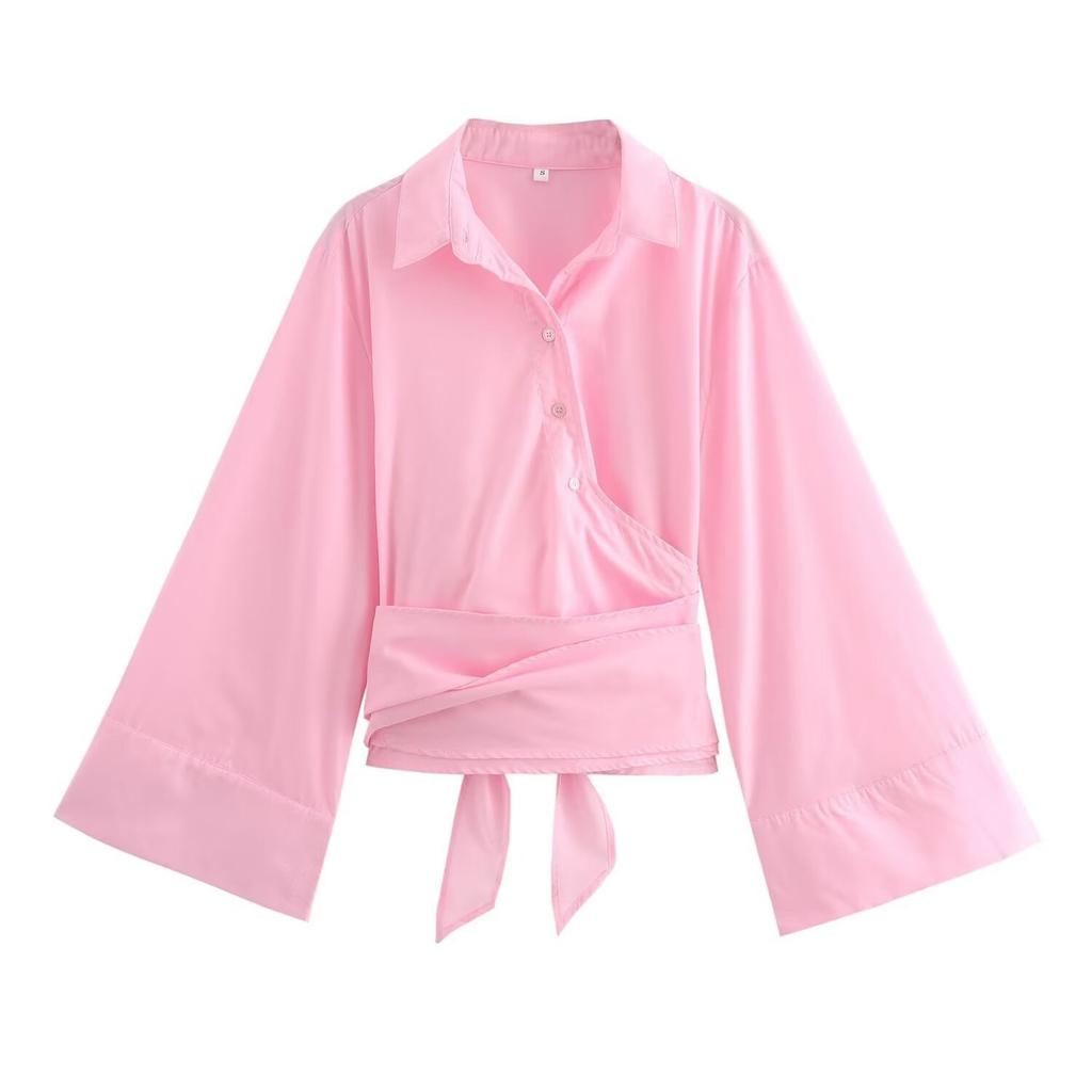 New Women's Fashion Casual Polo Neck Bow Tie Up Short Edition Double Breasted Poplin Shirt