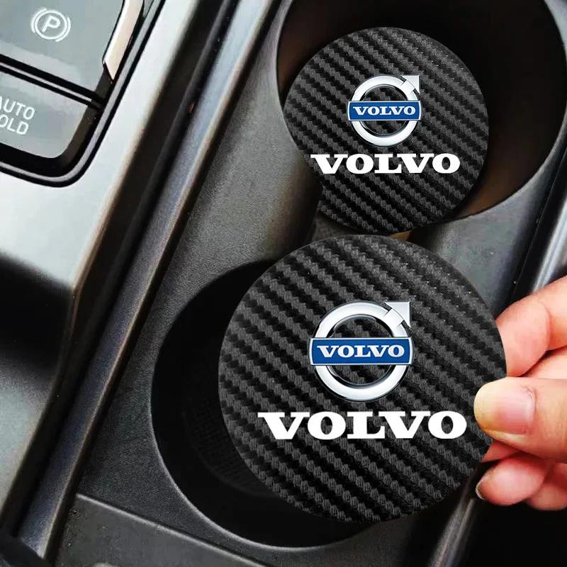 2Pcs Car Carbon Leather Water Cup Pad Anti-noise Coaster Mat For Volvo XC90 V90 V60 XC60 V40 S80 S60 S90 C40 XC40 V70 XC70 C30