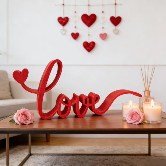Love Desk Ornament 3D Printed Red Letter Table Sign Valentine's Day Freestanding Tabletop Decor for Living Room Bedroom Mantel Shelf Decor