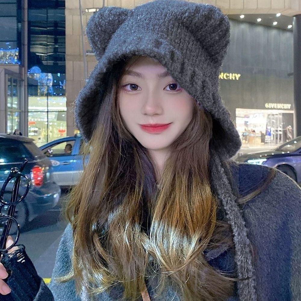 Roztomilá čepice Bear Bear Harajuku Y2K Čepice Módní plyšová pletená čepice Bear Zimní