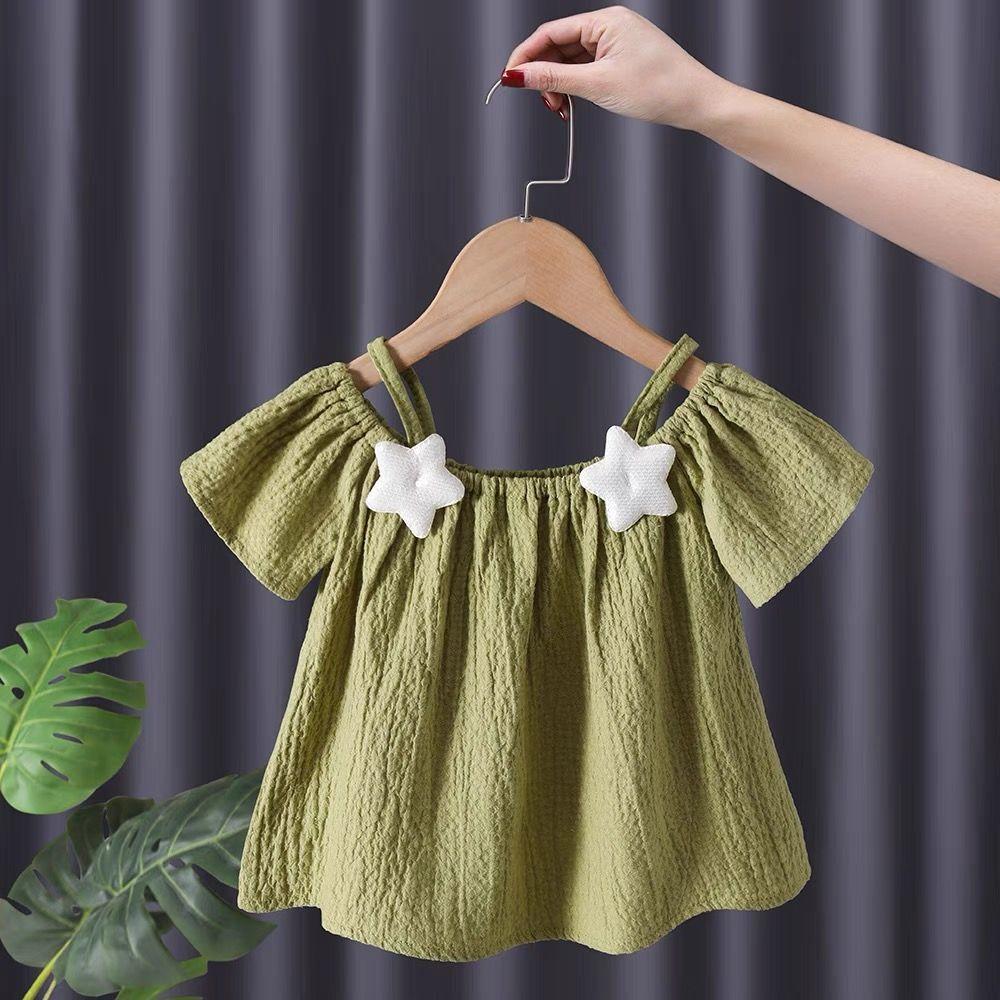 Summer Kids Cute Printing T-shirts Girls Off Shoulder Sling Loose Short Sleeve Star T-Shirt Baby Shirt Solid Color Top