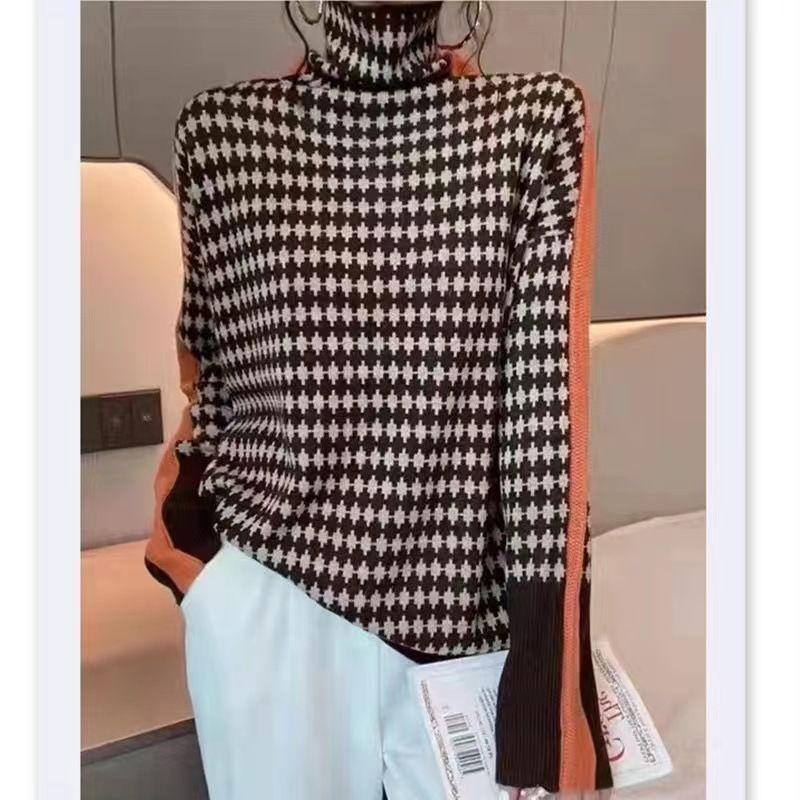 

Long Sleeve Color Turteck Top Long Sleeve Color Matching Pullover High Collar Tops Women Orange Gingham 2XL