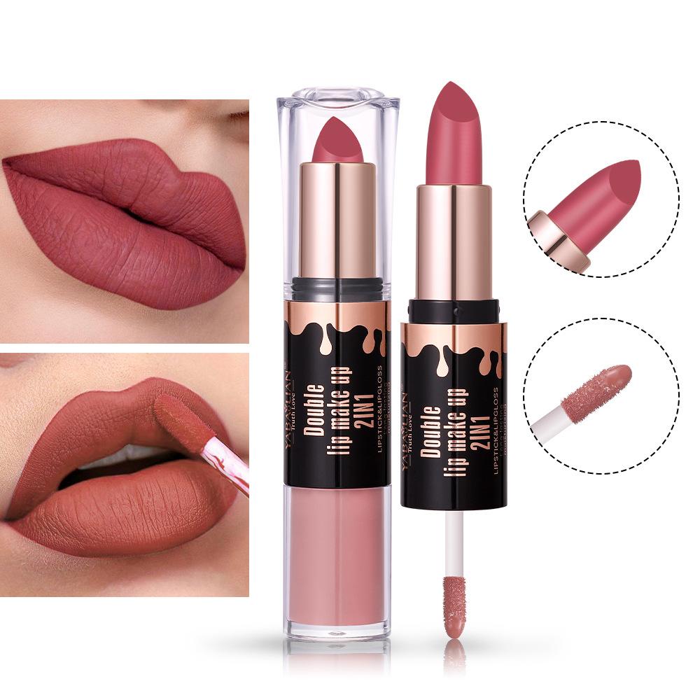 Double Head Matte Lip Glaze Non-stick Cup Velvet Mist Lip Glaze 2-i-1 vanntett, langvarig fuktighetsgivende lipgloss