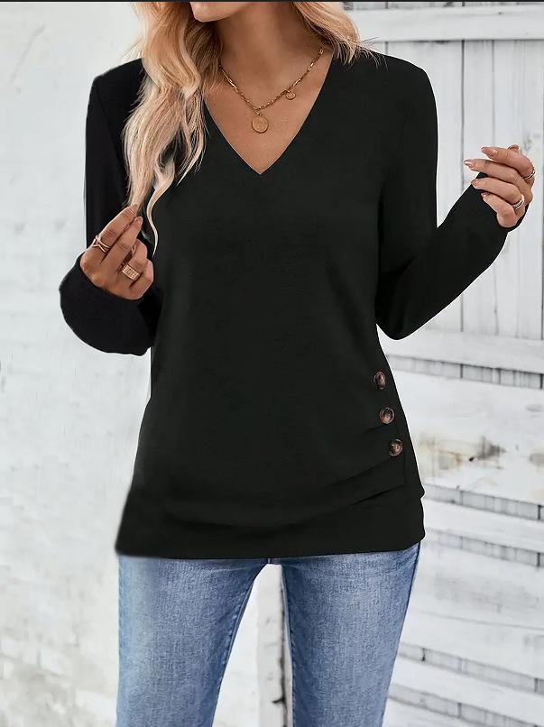 2024 Autumn-Winter Pure Color Button Detail Knit Plus Size Women's Comfortable Commute T-shirt