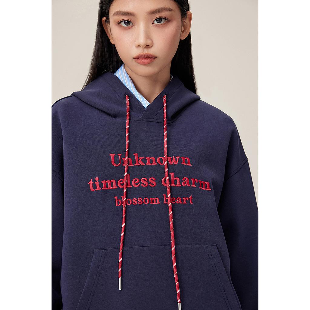 Anno letter embroidered hoodie women's winter hooded drawstring loose pullover top