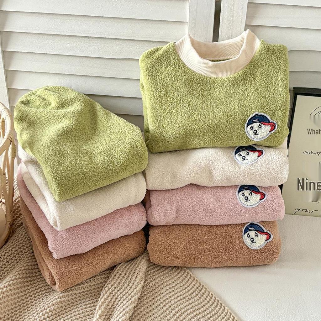 Kids' Korean-Style Velvet Pajama Set for Autumn/Winter - Warm, Double-Sided for Boys & Girls