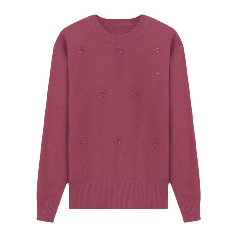 Midlife & Senior Fall Style Round Neck Long Sleeve Loose Fit Versatile Knit Sweater Top