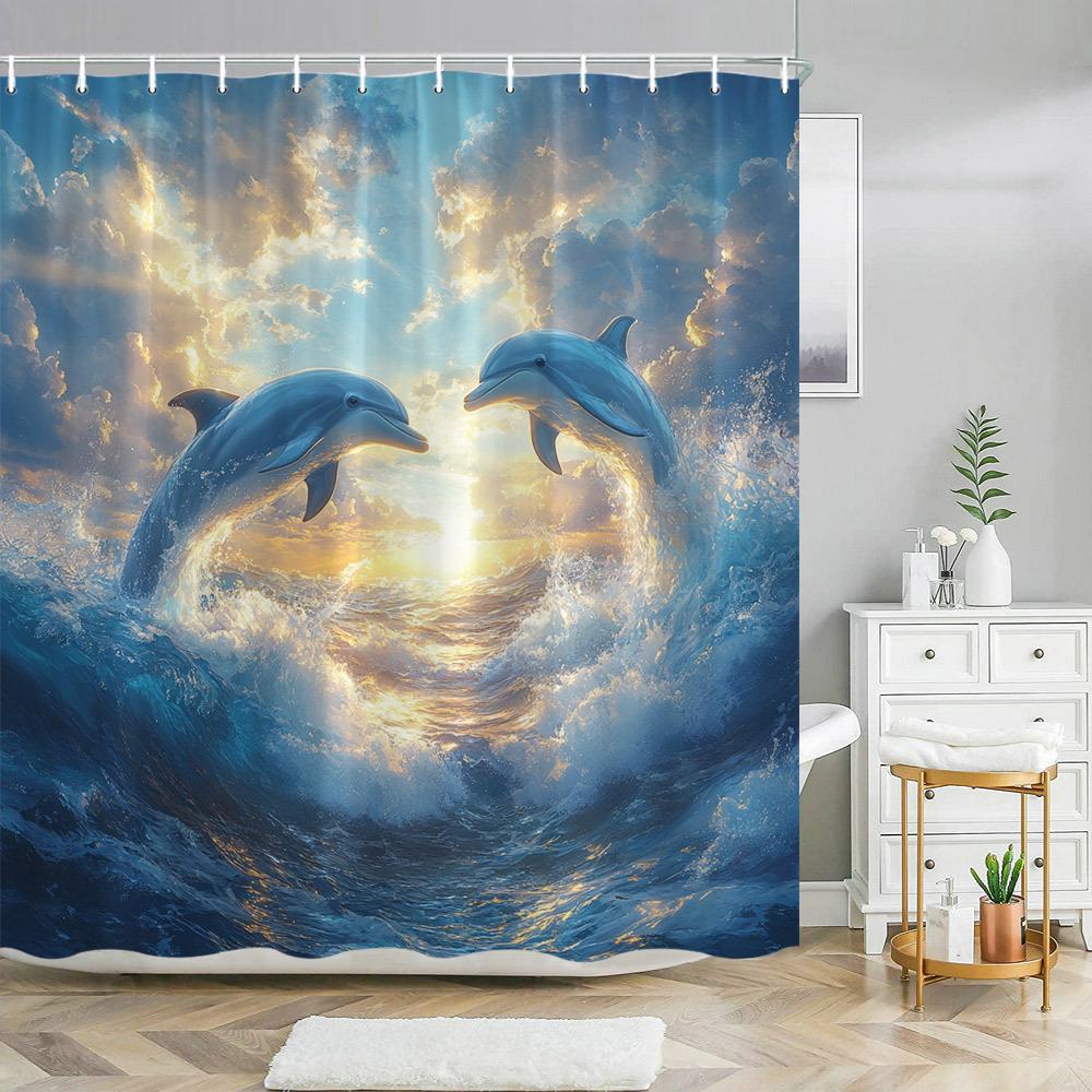 Graceful Dolphins Shower Curtain - Sunset Waves, Blue, Golden & Orange Hues, Tranquil Ocean Reflections W90xH180cm
