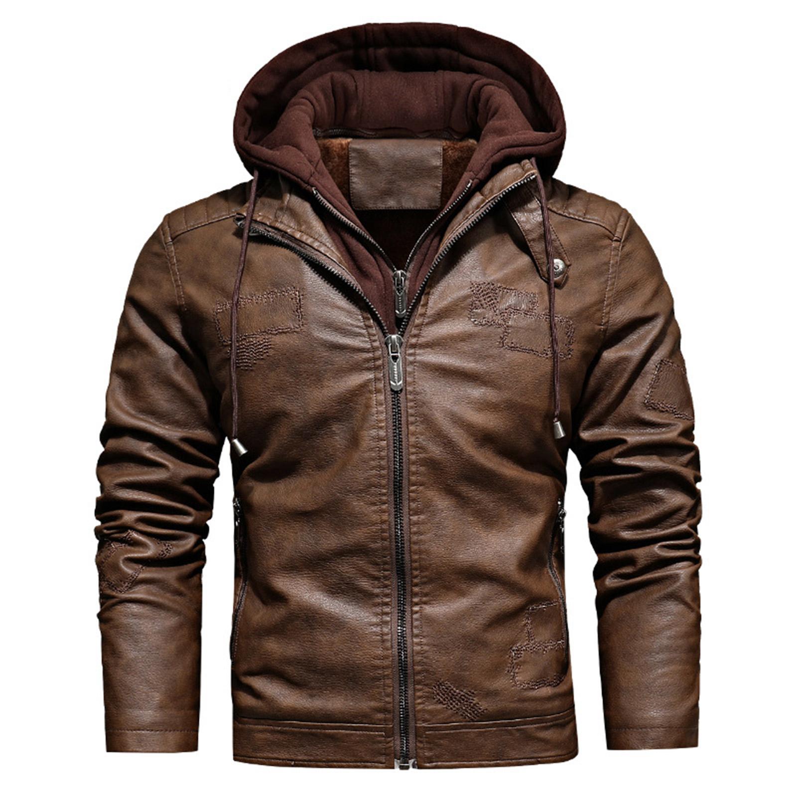 

Мужская кожаная куртка-обманка из двух частей со съемным флисовым капюшоном, модное повседневное пальто XL коричневый