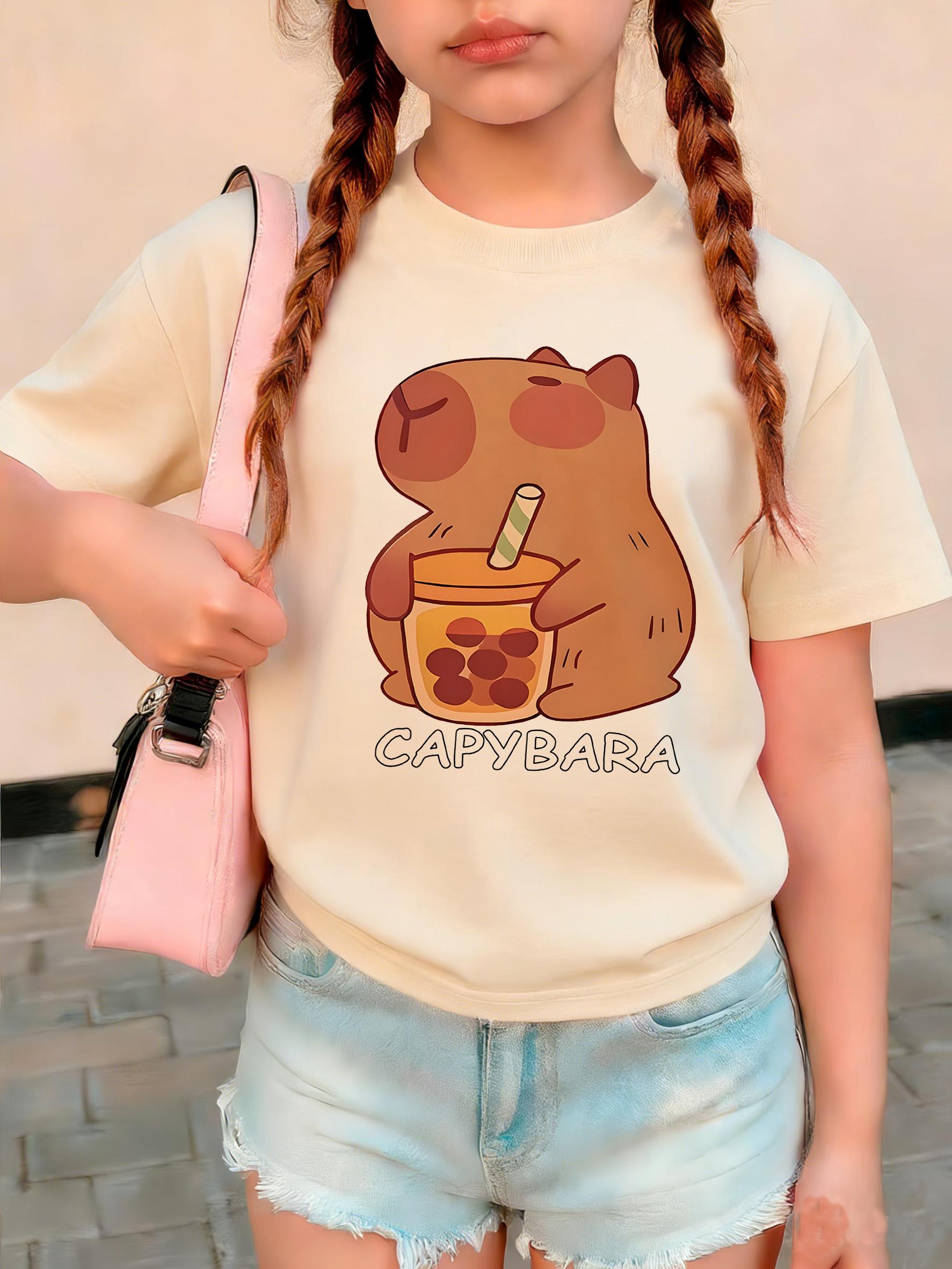 Meisjes Trendy Capybara Letterprint Design T-shirts Kinderen Kinder T-shirt Jongens Meisjes Zomer Lente Casual Top Tee cm