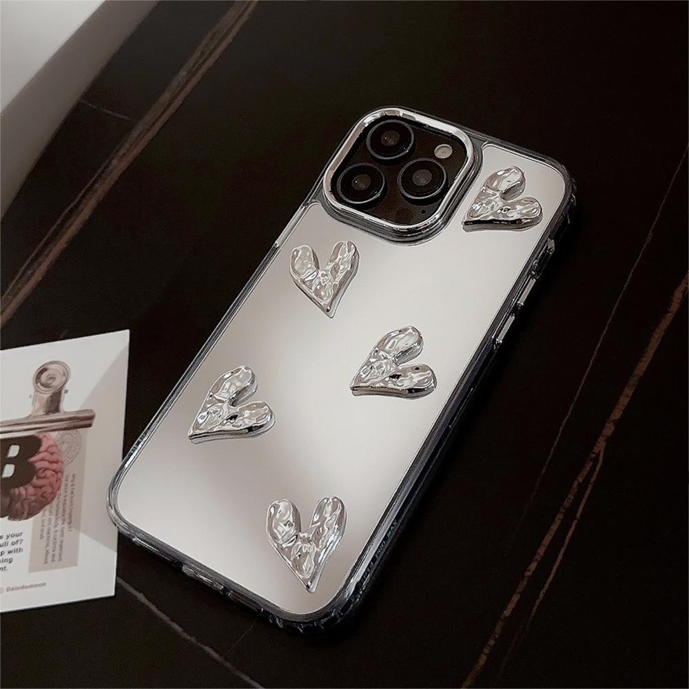 3D Electroplated Heart 13 Case for iPhone 17/15 Pro Max, Mirror Surface iPhone 16, High-end 14 Hard Case