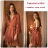 Sexy Camicia da Notte con Scollo a V Profondo e Maniche Lunghe, Allacciatura, Raso, Pizzo, Set Pigiama/Loungewear con Gonnellino Sospensorio in Pizzo