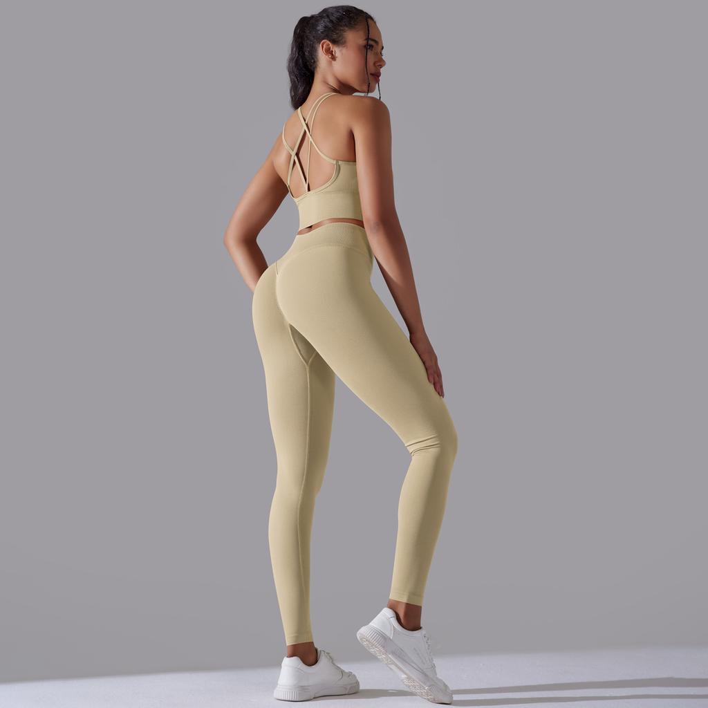 New High Waist Peach Hip Tight Pants Set, Sports Back Yoga Clothes, Running Training Fitness Set, Two Piece Set For Women