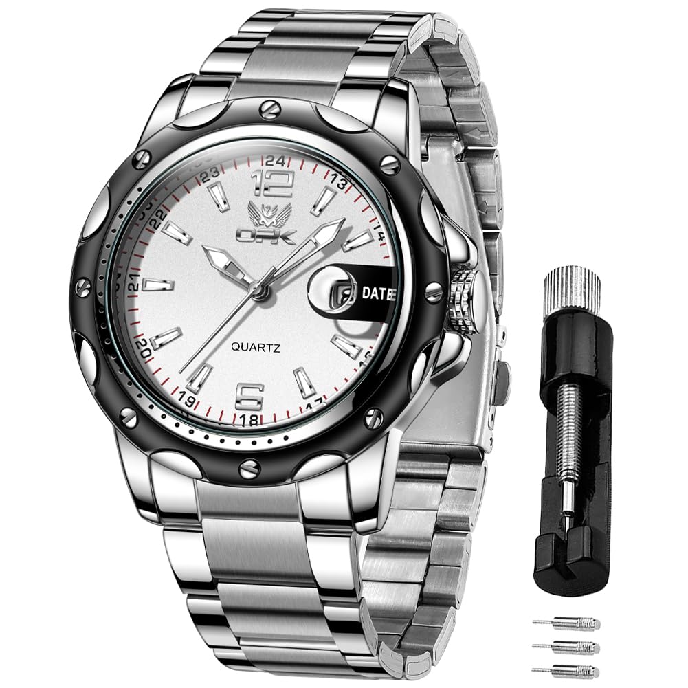

OPK Quartz Watch with Date Classic Stainless Steel Watch for or Office White Men s Display, Waterproof, Luminous, Stylish, Easy-to-Read, Business,