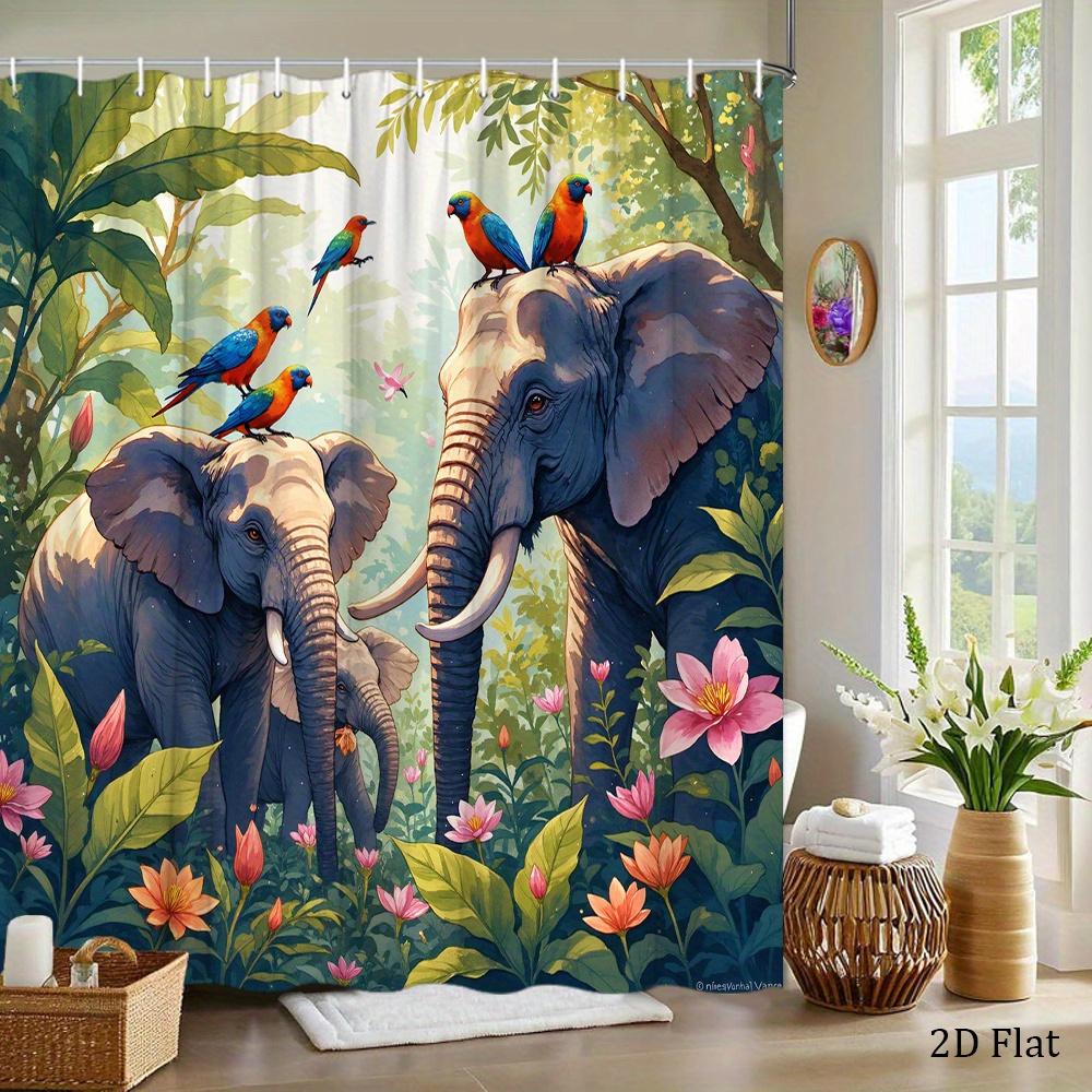

Elephant Parrot Shower Curtain 1Pc – Tropical Jungle With Colorful Birds & Lush Foliage, Wildlife Bath Curtain For Home Decor W60H190(CM)-1 Pcs