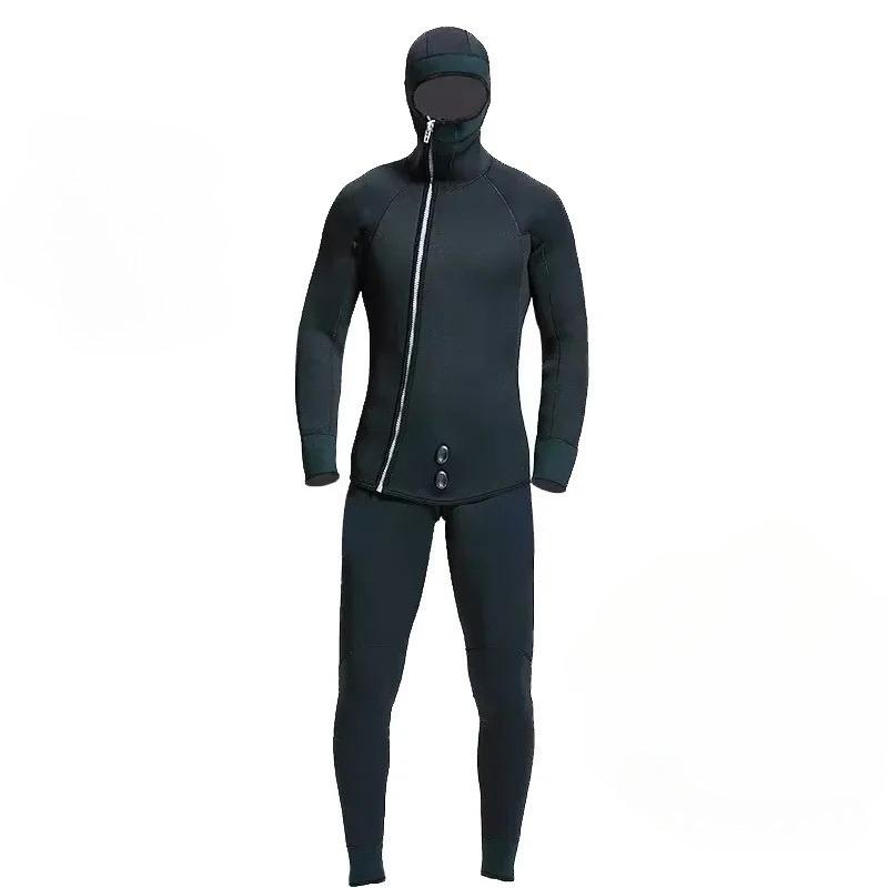 Мужской неопреновый гидрокостюм 7 мм, 2 части, для дайвинга, подводной охоты, с капюшоном, черный, гидрокостюм с слепым швом S