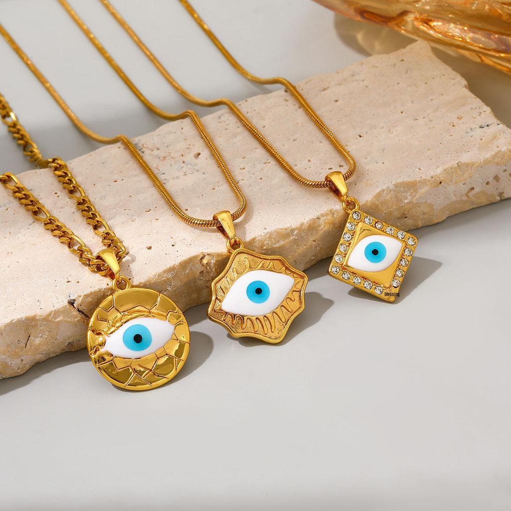 Retro Devil's Eye Pendant Necklace with Snake Bone Chain and Rhinestones, Stainless Steel and Titanium Steel.